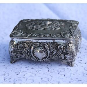 Vintage Pewter plated Jewelry Casket with Floral Designs